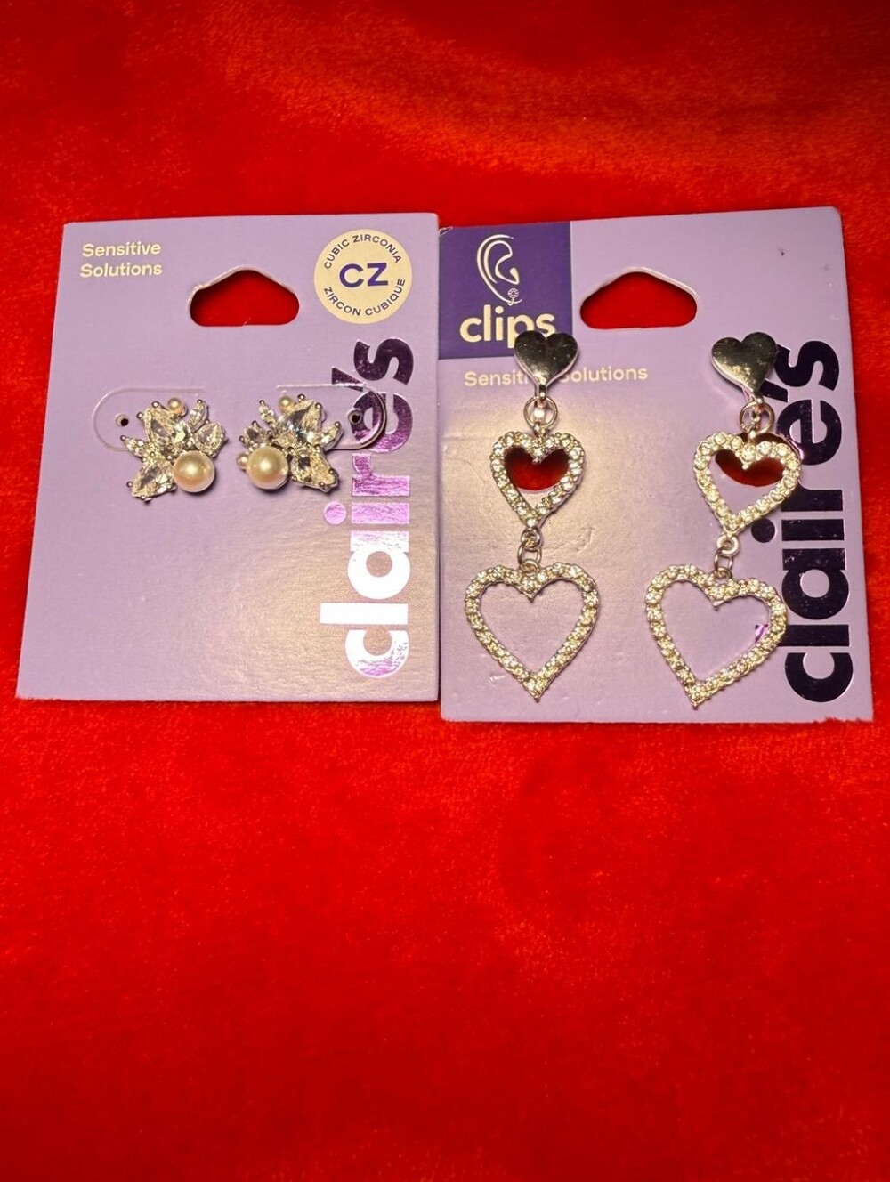 Claire's Silver Heart Dangle & Pearl Floral Stud Earring Set
